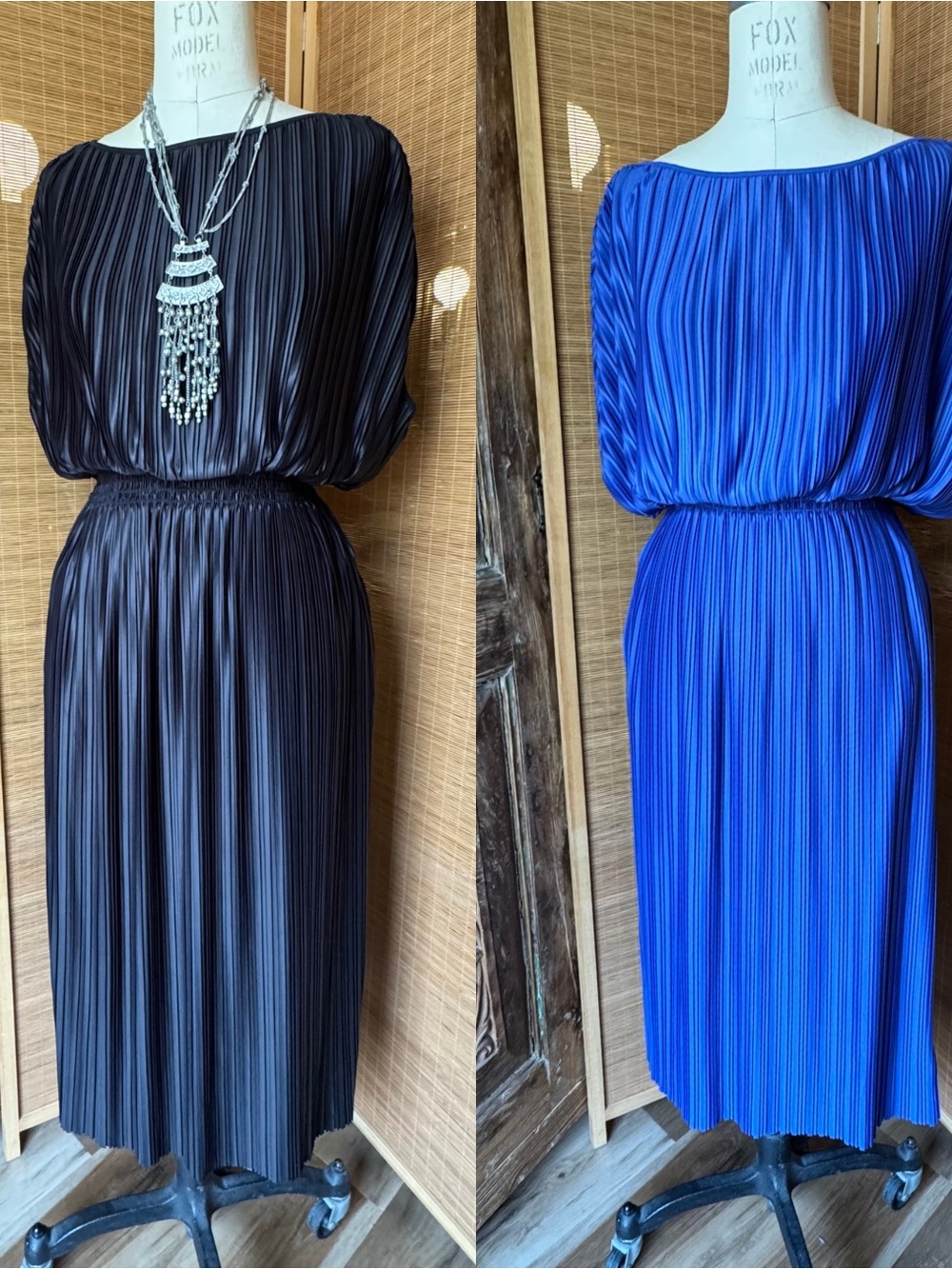 Prologue Dual-Color Pleated Midi Dress — Blue & Black